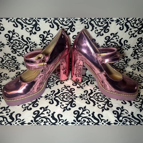NWOT Pink Metallic Platform Heels Mary Jane - Picture 9 of 11